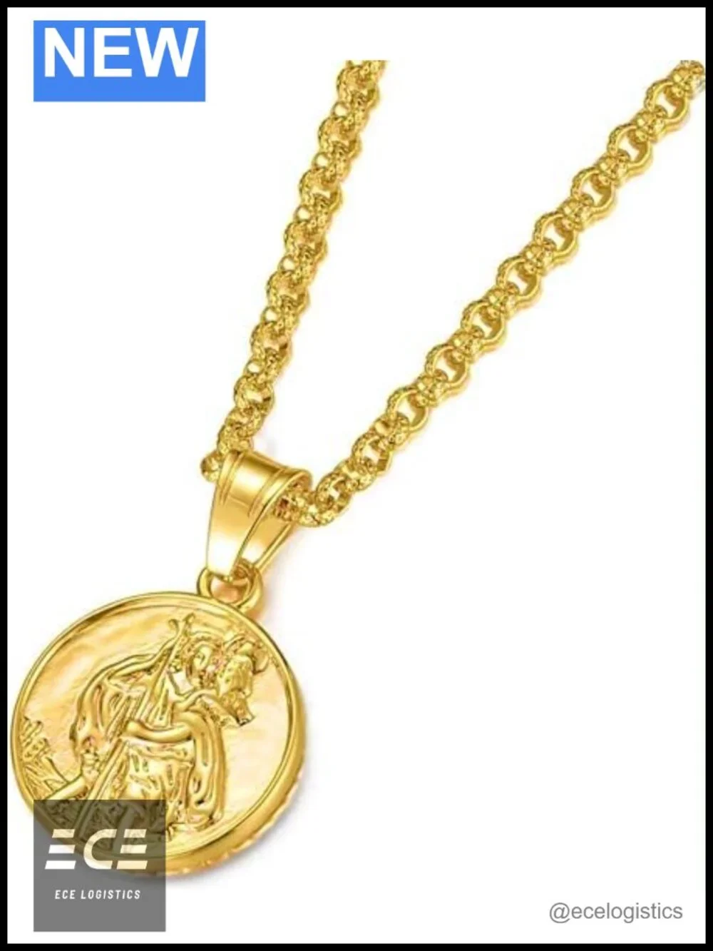 Gold Plated St Christopher Pendant Necklace, 4mm 22in Chain, Unisex Gift